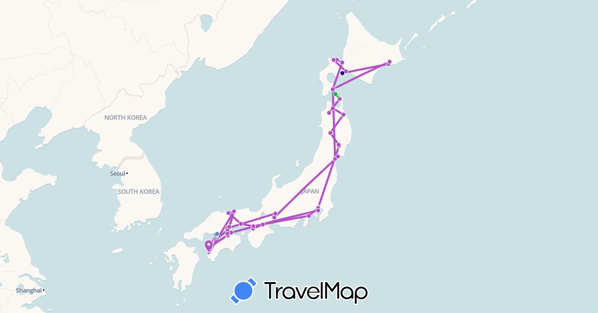 TravelMap itinerary: driving, bus, cycling, train, hiking, boat in Japan (Asia)