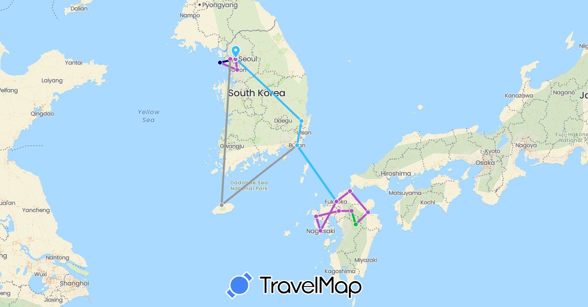 TravelMap itinerary: driving, bus, plane, train, boat in Japan, South Korea (Asia)