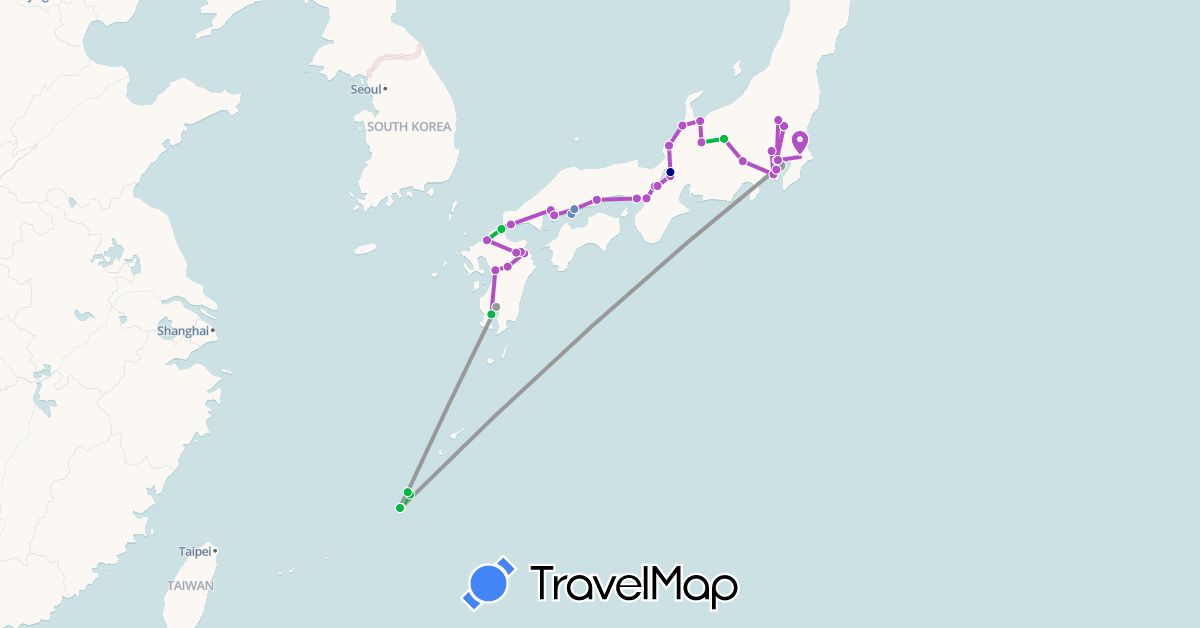 TravelMap itinerary: driving, bus, plane, cycling, train in Japan (Asia)